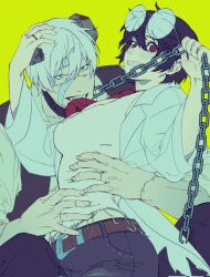  andy_(undead_unluck) biting black_hair breasts chain chain_necklace coat cosplay couple frankenstein's_monster frankenstein's_monster_(cosplay) glasses halloween highres izumo_fuuko jewelry large_breasts necklace necktie red_eyes red_necktie scar shirt wenxiang233333 white_coat white_hair white_shirt 