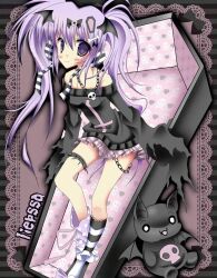  2000s_(style) asymmetrical_legwear bare_shoulders bat_(animal) bat_wings black_background black_sweater blush bone_hair_ornament chain coffin coffin_hair_ornament collar cross eyeball_hair_ornament goth_fashion gothic_lolita hair_ornament highres inverted_cross jewelry lace_background liepssa lolita_fashion messy_hair miniskirt mismatched_legwear mismatched_shoes necklace original pink_skirt skirt skull skull_necklace socks spiked_collar spikes striped_clothes striped_skirt striped_socks sweater torn_clothes torn_sleeves twintails violet_eyes wings 