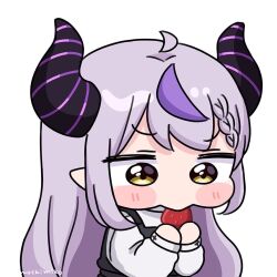  1girl ahoge black_dress blush_stickers braid braided_bangs brown_eyes chibi demon_horns dress eating food grey_hair hands_up holding holding_food hololive horns la+_darknesss long_hair long_sleeves looking_down mochimiko multicolored_hair pointy_ears puffy_long_sleeves puffy_sleeves purple_hair shirt signature simple_background sleeveless sleeveless_dress solo streaked_hair very_long_hair virtual_youtuber white_background white_shirt yurie_mouth 