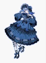  1girl blue_eyes blue_hair bonnet bow commentary commission dress footwear_ribbon frilled_dress frills full_body gloves hands_up high_heels highres lolita_fashion long_hair long_sleeves looking_at_viewer nanoka_san original pantyhose parted_lips solo wrist_flower 