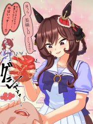  1boy 2girls apple black_ribbon bow bowtie braid braided_hair_rings breasts brown_hair crushing_food ear_covers ear_ornament feather_hair_ornament feathers food forced_drinking frown fruit gentildonna_(umamusume) grabbing_another&#039;s_face green_eyes hair_ornament hair_ribbon hair_rings hand_on_another&#039;s_cheek hand_on_another&#039;s_face head_grab highres holding holding_food holding_fruit honznas long_hair looking_at_another looking_at_viewer medium_breasts multiple_girls open_mouth parted_lips plate pleated_skirt puffy_short_sleeves puffy_sleeves purple_bow purple_bowtie purple_shirt red_hair ribbon school_uniform shirt shirt_tucked_in short_sleeves skirt smile speech_bubble tracen_school_uniform trainer_(umamusume) translation_request umamusume white_skirt win_variation_(umamusume) 