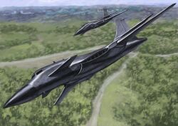  aircraft airplane fighter_jet flying forest front_mission highres military military_vehicle nature no_humans science_fiction sky tyokugekidato vehicle_focus 
