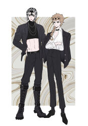  2boys black_boots black_hair black_hat black_jacket black_pants black_shoes black_socks blonde_hair boots commentary_request crop_top crossed_arms giorno_giovanna green_eyes guido_mista hand_on_own_hip hat highres jacket jacket_on_shoulders jewelry jojo_no_kimyou_na_bouken knee_boots male_focus midriff multiple_boys multiple_necklaces navel open_mouth pants ring shirt shoes socks toubun_teikou turtleneck vento_aureo white_shirt 