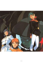  1990s_(style) 2boys 2girls absurdres aeug belt cable gabthley green_hair gundam hairband helmet highres jerid_messa kitazume_hiroyuki long_hair machinery mecha mecha_pilot_suit military_rank_insignia military_uniform mobile_suit mouar_pharaoh multiple_boys multiple_girls official_art one-eyed orange_hair paptimus_scirocco promotional_art purple_hair reccoa_londe retro_artstyle robot scan science_fiction space_helmet titans_(gundam) zeta_gundam 
