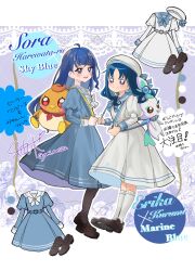  2girls ahoge animal_bag ankle_socks argyle_background baby_animal backpack bag bird black_shoes blue_bow blue_bowtie blue_dress blue_eyes blue_hair blue_sailor_collar blue_theme blunt_bangs border bow bowtie character_bag character_name coffret_(heartcatch_precure!) color_guide commentary_request dress eyelashes floral_background flower full_body grey_pantyhose hat hat_bow heartcatch_precure! highres holding holding_bag in-franchise_crossover juliet_sleeves kurumi_erika letterboxed light_blush loafers long_hair long_sleeves loose_hair_strand medium_dress multiple_girls open_mouth outline outside_border pantyhose parted_bangs penguin penguin_chick pleated_dress precure puffy_sleeves purple_background reference_sheet rose sailor_collar sailor_dress sailor_hat shoes sleeve_cuffs smile socks sora_harewataru standing teeth translation_request upper_teeth_only very_long_hair wavy_hair white_border white_bow white_bowtie white_dress white_hat white_outline white_sailor_collar white_socks yumi_san0112 yuunagi_tsubasa yuunagi_tsubasa_(bird) 