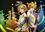  back_to_back bare_shoulders bass_clef blonde_hair blue_eyes bow collar detached_sleeves hairclip headphones kagamine_len kagamine_len_(append) kagamine_rin kagamine_rin_(append) keytar len_append microphone nail_polish open_mouth ponytail popped_collar rin_append see_through tatouji treble_clef vocaloid vocaloid_append 