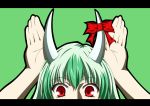  bow ex-keine girls_high green_hair horn horns kaen_(hirencs) kaen_(pixiv) kamishirasawa_keine letterboxed parody red_eyes simple_background solo touhou 