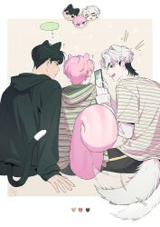  3boys animal_ears bamby_(plave) black_hair black_hoodie blank_speech_bubble border cat_ears cat_tail chibi chibi_inset colored_speech_bubble dog_ears dog_tail eunho_(plave) facing_another facing_away from_behind hamin_(plave) highres hood hoodie invisible_floor kemonomimi_mode long_sleeves looking_at_phone male_focus multiple_boys phone pink_hair plave shirt short_hair sitting speech_bubble squirrel_ears squirrel_tail striped_clothes striped_hoodie striped_shirt sub0b303 tail tail_wagging thought_bubble white_border white_hair 