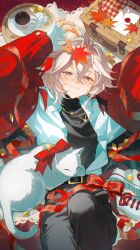  1boy absurdres alternate_costume animal bandaged_hand bandages bell belt black_pants black_sweater blush cat closed_mouth crossed_bangs cup envelope genshin_impact hair_between_eyes hashtag-only_commentary highres holding holding_leaf jacket jewelry jingle_bell kaedehara_kazuha leaf long_sleeves looking_at_viewer lying male_focus mochimiya_(coyo) mug multicolored_hair necklace on_back open_clothes open_jacket pants picnic_basket red_eyes red_jacket saucer shirt shoes solo streaked_hair sugar_cube sweater tray turtleneck turtleneck_sweater unworn_shoes white_cat white_hair white_shirt white_shoes 
