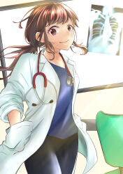  1girl absurdres black_pants blue_shirt brown_eyes brown_hair chair clip_studio_paint_(medium) closed_mouth coat cowboy_shot doctor hand_in_pocket hands_in_pockets highres hospital indoors lab_coat long_hair long_sleeves looking_at_viewer low_ponytail office_chair open_clothes open_coat original pants ponytail poster_(object) shirt sidelocks skeleton smile solo standing stethoscope swivel_chair tamotamo_house white_coat 