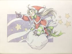  1girl ahoge black_gloves blonde_hair bow bowtie capelet christmas coat commentary_request drawstring earmuffs full_body fur-trimmed_capelet fur-trimmed_coat fur-trimmed_headwear fur-trimmed_shoes fur-trimmed_shorts fur_trim gloves green_bow green_bowtie green_eyes green_ribbon green_thighhighs hat highres long_hair open_mouth original peter_salt pointing red_capelet red_coat red_hat red_shoes red_shorts ribbon sack shoes shorts sitting sitting_on_object smile solo star_(symbol) striped_clothes striped_thighhighs thigh-highs traditional_media 