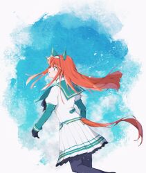  1girl animal_ears black_gloves black_pantyhose blunt_bangs blush ear_covers gloves green_eyes green_sailor_collar hair_ornament hairband highres hime_cut horse_ears horse_girl horse_tail long_hair long_sleeves mochiyu_(mochiko) orange_hair orange_tail pantyhose parted_lips pleated_skirt sailor_collar shirt silence_suzuka_(innocent_silence)_(umamusume) silence_suzuka_(umamusume) skirt solo tail textless_version umamusume white_hairband white_skirt 
