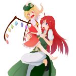  bacho barefoot blonde_hair blue_eyes braid carrying fangs feet flandre_scarlet hand_holding hat highres holding_hands hong_meiling long_hair navel open_mouth red_eyes red_hair redhead side_ponytail slit_pupils smile touhou twin_braids wings 
