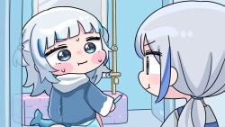  2girls :i :t apron bath bath_stool bathroom bathtub blue_apron blue_eyes blue_hair blue_hoodie blush_stickers chibi closed_mouth fins fish_tail gawr_gura gawr_gura_(1st_costume) grey_hair grey_shirt hair_ornament highres hololive hololive_english hood hood_down hoodie indoors long_hair long_sleeves low_ponytail mirror mochimiko mother_and_daughter multicolored_hair multiple_girls ponytail shark_tail shirt sitting stool streaked_hair sweat tail two_side_up virtual_youtuber wavy_mouth 