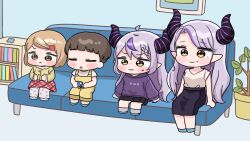  1boy 3girls :&lt; ahoge black_skirt blue_shoes blush_stickers braid braided_bangs brown_eyes brown_hair brown_shirt chibi closed_mouth couch demon_horns grey_socks highres holding hololive horns indoors la+_darknesss long_hair mochimiko mother_and_daughter multicolored_hair multiple_girls on_couch overalls pants pants_under_skirt parted_bangs plaid_clothes plaid_skirt plant pleated_skirt pointy_ears potted_plant purple_hair red_skirt shirt shoes sitting skirt smile socks streaked_hair swept_bangs toy_car v-shaped_eyebrows very_long_hair virtual_youtuber wavy_mouth white_pants white_shirt 