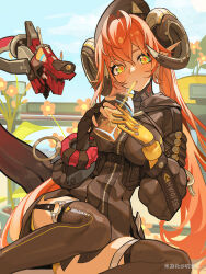  1girl absurdres asymmetrical_gloves beret black_coat coat cup curled_horns disposable_cup drinking_straw drinking_straw_in_mouth fingernails flower gloves green_eyes hat highres horns jizaier long_hair magus_(zenless_zone_zero) mismatched_gloves orange_hair orphie_magnusson pointy_ears tail thigh-highs zenless_zone_zero 