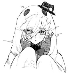  1boy :o a_berrypop androgynous bow bowtie commentary eyelashes ghost_costume greyscale hair_over_one_eye heterochromia highres looking_at_viewer male_focus monochrome portrait shion_(hundred_line) short_hair solo straight-on striped_blush symbol-only_commentary the_hundred_line_-last_defense_academy- wavy_hair 