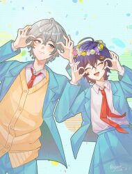  1boy 1girl absurdres alternate_costume belle_(zenless_zone_zero) blazer blue_eyes blue_hair blue_jacket blue_skirt brother_and_sister cardigan_vest closed_mouth collared_shirt facing_viewer grey_hair happy highres jacket long_sleeves looking_at_another moyaoyaoyaoyao_r open_clothes open_jacket open_mouth procreate_(medium) school_uniform shirt shirt_tucked_in short_hair siblings skirt smile white_shirt zenless_zone_zero 