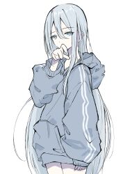  1girl arm_at_side blue_eyes commentary_request covering_own_mouth cowboy_shot dot_nose expressionless grey_hair grey_hoodie hair_between_eyes hand_over_own_mouth hand_up highres hood hood_down hoodie kiarinq_ru long_hair long_sidelocks long_sleeves looking_at_viewer no_pants project_sekai sidelocks simple_background sleeves_past_wrists solo standing straight_hair very_long_hair white_background yoisaki_kanade 