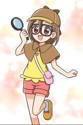  1girl :d ankle_socks bag bespectacled brown_capelet brown_hair brown_hat buttons capelet clenched_hand collared_capelet commentary cowboy_shot deerstalker detective dot_nose glasses gradient_background hair_between_eyes hand_up hat heart heart_button highres holding holding_magnifying_glass karon-t kimi_to_idol_precure leg_up legs_together looking_at_viewer magnifying_glass medium_hair open_mouth orange_background orange_shoes pink_bag pink_shorts pouch precure red_eyes sakura_hamori shirt shoes shorts shoulder_bag shoulder_pouch smile socks solo standing standing_on_one_leg two-tone_background upper_body white_background white_socks yellow_shirt 