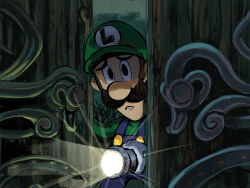  1boy black_eyes blue_overalls brown_hair cowboy_shot facial_hair green_hat green_shirt hat highres holding holding_lantern lantern long_sleeves looking_at_viewer luigi luigi&#039;s_mansion male_focus mustache open_door overalls parted_lips shirt solo super_mario_bros. teeth yamari_(ya_mari_6363) 
