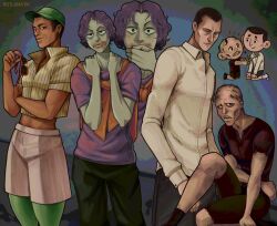  4boys bags_under_eyes balding bar_guy_(no_i&#039;m_not_a_human) black_eyes black_hair blood blush cheekbones cheerful_man_(no_i&#039;m_not_a_human) closed_mouth crop_top earrings firefighter_(no_i&#039;m_not_a_human) frown_lines hat highres jewelry looking_at_viewer male_focus midriff multiple_boys no_i&#039;m_not_a_human pants rotlunatik sanpaku scar scar_on_arm scar_on_face scar_on_leg shirt short_hair shorts sitting smile smile_lines sunglasses teeth very_short_hair wide-eyed wireface_(no_i&#039;m_not_a_human) 