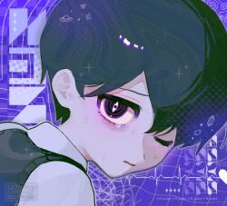  1boy black_hair black_sweater_vest bright_pupils character_name close-up collared_shirt looking_at_viewer male_focus nn_0m0 omori one_eye_closed parted_lips shirt short_hair solo something_(omori) sunny_(omori) sweater_vest upper_body watermark white_pupils white_shirt 