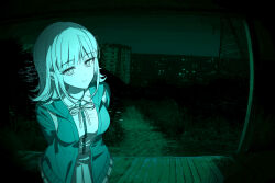  1girl backpack bag breasts collared_shirt danganronpa_(series) danganronpa_2:_goodbye_despair flipped_hair hair_ornament highres jacket long_sleeves looking_at_viewer medium_hair miniskirt nanami_chiaki neck_ribbon night no_i&#039;m_not_a_human open_clothes open_jacket outdoors parody pleated_skirt ribbon shirt shirt_tucked_in skirt smile solo two-tone_shirt vo1ez 