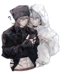  2boys ? abs alternate_costume animal_ear_hood arm_around_waist beanie black_hat black_jacket black_shirt cellphone choco_rema closed_mouth collared_jacket crop_top cropped_torso crossed_bangs fingernails gradient_hair grey_hair hat highres holding holding_phone honkai:_star_rail honkai_(series) hood hoodie jacket long_sleeves looking_at_phone male_focus midriff multicolored_hair multiple_boys mydei_(honkai:_star_rail) navel neck_tattoo open_clothes open_jacket parted_lips phainon_(honkai:_star_rail) phone shirt short_hair sleeves_past_wrists tattoo white_hoodie wing_collar zipper 