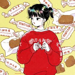  1girl black_eyes black_hair blue_nails blush candy chinese_commentary colored_skin commentary earrings emamemamo33 fingernails food food-themed_earrings food_request highres holding holding_candy holding_food iridescent_hair jewelry long_sleeves looking_to_the_side nail_polish original peanut red_sweater short_hair short_twintails signature solo standing sweater twintails upper_body white_skin yellow_background 