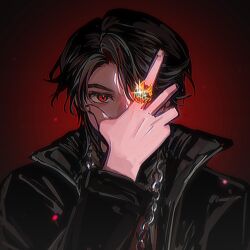  1boy black_jacket chain highres jacket male_focus no.1_sentai_gozyuger qianzaishenyuan red_background red_eyes sentai_ring short_hair simple_background solo super_sentai tono_hoeru upper_body 