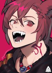  1boy :d animal_ears cat_ears crossed_bangs double-parted_bangs fangs final_fantasy final_fantasy_xiv g&#039;raha_tia graveweaver hair_between_eyes hair_ornament highres jewelry kemonomimi_mode looking_at_viewer male_focus neck_tattoo necklace red_eyes smile solo sparkling_eyes tattoo x_hair_ornament 