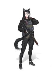  1girl absurdres animal_ears assault_rifle blood blood_on_clothes blood_on_face blood_on_hands blood_on_weapon blood_splatter blue_eyes camouflage camouflage_pants commission evil_smile finger_to_mouth full_body gun highres ko_baumann looking_at_viewer m4_carbine military military_uniform original pants rifle second-party_source shadow smile standing tail transparent_background trigger_discipline weapon wolf_ears wolf_girl wolf_tail 