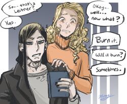  2boys black_eyeshadow black_hair blonde_hair blonde_hair_roots brown_eyes curly_hair design_speculation earrings eyeshadow gerard_keay goth_fashion green_eyes highres jewelry long_hair makeup male_focus michael_shelley momokarp multiple_boys neck_tattoo shirt snakebite_(piercing) sweater tattoo the_magnus_archives turtleneck turtleneck_sweater 