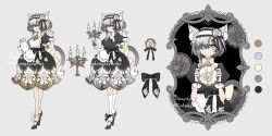 1girl absurdres animal_ear_fluff animal_ears ankle_bow apron artist_name back_bow bare_legs black_bow black_dress black_shoes bow bow_choker bowtie braid buttons candle candlestand cat_ears cat_girl cat_tail choker close-up closed_mouth collared_dress color_guide commission double-breasted dress endoftheworld600 expressionless eyelashes fire flat_color floral_print flower frilled_apron frilled_gloves frilled_hairband frilled_socks frills gloves grey_background grey_eyes grey_hair hair_bow hair_flower hair_ornament hair_over_one_eye hairband high_heels highres holding holding_candle holding_plate kneehighs knees lily_(flower) lolita_hairband maid mary_janes medium_dress multiple_views no_socks original picture_frame plate print_bow print_dress puffy_short_sleeves puffy_sleeves pumps reference_sheet ribbon-trimmed_apron ribbon_trim sample_watermark shoes short_hair_with_long_locks short_sleeves side_braid simple_background single_braid socks standing straight-on tail tareme variations waist_apron waist_bow watermark white_apron white_bow white_bowtie white_choker white_flower white_gloves white_hairband white_socks 