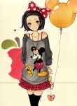  apple balloon black_hair blush bow bracelet brown_eyes disney food fruit hair_bow hair_ornament heart jewelry joanna_(mojo!) mickey_mouse myrollingstar original pendant short_hair simple_background skirt sleeves_pushed_up smile solo thigh-highs thighhighs tongue traditional_media watermark 