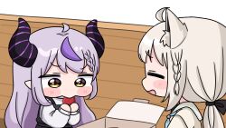  2girls ahoge animal_ear_fluff animal_ears black_dress blush_stickers braid braided_bangs brown_eyes chibi demon_horns dress eating food fox_ears fruit grey_hair highres holding holding_food hololive horns la+_darknesss long_hair long_sleeves low_ponytail mochimiko multicolored_hair multiple_girls on_bench pastry_box pointy_ears ponytail puffy_long_sleeves puffy_sleeves purple_hair shirakami_fubuki shirt simple_background sleeveless sleeveless_dress strawberry streaked_hair virtual_youtuber white_background white_shirt yurie_mouth 