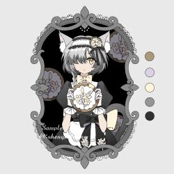 1girl absurdres animal_ear_fluff animal_ears apron artist_name back_bow black_bow black_dress bow bow_choker bowtie braid buttons cat_ears cat_girl cat_tail choker closed_mouth collared_dress color_guide commission cowboy_shot double-breasted dress endoftheworld600 expressionless eyelashes flat_color flower frilled_gloves frilled_hairband frills gloves grey_background grey_hair hair_bow hair_flower hair_ornament hair_over_one_eye hairband highres holding light_frown lily_(flower) lolita_hairband looking_at_viewer maid original picture_frame print_bow puffy_short_sleeves puffy_sleeves ribbon-trimmed_apron ribbon-trimmed_hairband ribbon_trim sample_watermark short_hair_with_long_locks short_sleeves side_braid simple_background single_braid solo standing straight-on tail tareme waist_apron waist_bow watermark white_apron white_bow white_bowtie white_choker white_flower white_gloves white_hairband yellow_eyes 