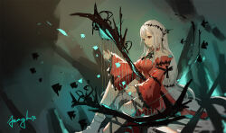  1girl arknights ascot bare_shoulders black_ascot boots breasts clothing_cutout detached_sleeves dress fanghx feet_out_of_frame fish flying_fish hair_between_eyes hair_ornament hair_ribbon harp holding holding_instrument instrument leg_ribbon long_hair long_sleeves low-tied_long_hair medium_breasts navel_cutout off-shoulder_dress off_shoulder official_alternate_costume parted_lips red_dress red_eyes red_ribbon red_sleeves ribbon rock scenery signature sitting skadi_(arknights) skadi_the_corrupting_heart_(arknights) solo staff tropical_fish very_long_hair white_hair 