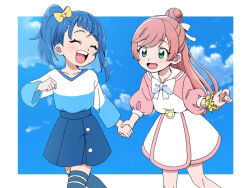  2girls :d asymmetrical_bangs blue_hair blue_skirt blue_sky blue_thighhighs blush border bow bowtie button_up_skirt clenched_hand closed_eyes clouds cloudy_sky collarbone collared_dress commentary cowboy_shot crossed_legs curled_fingers cut_bangs day diagonal_bangs dress facing_another fingernails genmai_ocha green_eyes hair_bow hair_bun hair_ribbon half_updo hirogaru_sky!_precure holding_hands long_hair long_sleeves looking_at_another multicolored_dress multicolored_shirt multiple_girls nijigaoka_mashiro no_ahoge open_mouth outdoors outside_border pink_dress pink_hair pleated_skirt ponytail precure puffy_long_sleeves puffy_sleeves ribbon sailor_collar scrunchie shirt short_dress side_ponytail single_sidelock skirt sky sleeve_cuffs smile sora_harewataru striped_clothes striped_thighhighs swept_bangs teeth thigh-highs two-tone_dress two-tone_shirt upper_teeth_only v-neck walking white_border white_bow white_bowtie white_dress white_ribbon white_sailor_collar white_shirt wrist_scrunchie yellow_bow yellow_scrunchie zettai_ryouiki 