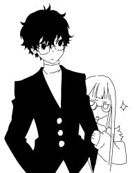  1boy 1girl amamiya_ren betti_(xx_betti) glasses hands_in_pockets hiding hiding_behind_another highres holding_another&#039;s_arm looking_at_another looking_at_viewer persona persona_5 sakura_futaba school_uniform shuujin_academy_school_uniform 