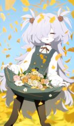  1girl bags_under_eyes black_pantyhose blue_archive brown_halo closed_eyes clothes_lift diagonal-striped_ribbon dress flower ginkgo_leaf gulim hair_over_one_eye halo highres kanoe_(blue_archive) leaf lifting_own_clothes long_hair mojyo orange_halo pantyhose petals pinafore_dress scar scar_on_neck skirt skirt_basket skirt_hold sleeveless sleeveless_dress smile solo two_side_up 