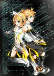  arm_warmers back-to-back blonde_hair brother_and_sister detached_sleeves hair_ornament hair_ribbon hairclip headphones kagamine_len kagamine_len_(append) kagamine_rin kagamine_rin_(append) leg_warmers m-mo navel ribbon short_hair shorts siblings twins vocaloid vocaloid_append wall_of_text 