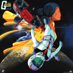  1980s_(style) 1990s_(style) 1boy 1girl absurdres amuro_ray bindi core_fighter damaged dark_skin debris earth_(planet) earth_federation green_eyes gundam highres indian_clothes jetpack lalah_sune laserdisc_cover lens_flare logo mecha_pilot_suit mobile_suit_gundam moon nebula official_art ousaka_hiroshi planet retro_artstyle scan scene_reference space spoilers star_(sky) sun title traditional_media vernier_thrusters wreckage zero_gravity 