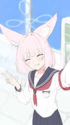  1girl :d ^_^ animal_ear_fluff animal_ears arm_up armband black_sailor_collar black_skirt blue_archive blue_halo blunt_bangs blurry blurry_background blush closed_eyes collarbone commentary_request facing_viewer fox_ears fox_girl grin half_updo halo hand_up happy highres indoors long_sleeves medium_hair neckerchief niko_(blue_archive) pink_hair pleated_skirt red_armband red_neckerchief sailor_collar sailor_shirt selfie shirt skirt smile solo sueoki_makura v white_shirt window 