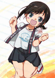  1girl alternate_costume artist_logo black_hair black_skirt dated fubuki_(kancolle) fubuki_kai_ni_(kancolle) green_eyes highres kantai_collection kutone_shirika logo looking_at_viewer low_ponytail open_mouth pleated_skirt ponytail sandals shirt sidelocks skirt smile socks solo t-shirt w_arms watermark white_happi white_shirt white_socks 