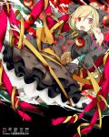  1girl blonde_hair bow brown_dress dress hair_bow heterochromia highres kurodani_yamame light_trail long_sleeves looking_at_viewer nmaaaaa open_mouth pink_eyes ponytail red_eyes red_string ribbon shirt solo string touhou 