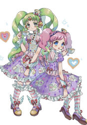  2girls accurate_lolita_coord aikatsu! aikatsu!_(series) aikatsu!_x_pripara_the_movie_-deai_no_kiseki!- aki_(akinyaaaaa) amahane_madoka blue_eyes card colored_eyelashes cup dress falulu falulu_(awakened) forehead_jewel frilled_dress frilled_socks frills full_body green_hair grey_eyes hand_up headphones heart high_heels highres holding holding_cup idol_clothes invisible_chair long_hair looking_at_viewer looking_back multiple_girls parted_bangs pink_hair pink_socks playing_card pretty_series print_dress pripara purple_dress purple_shoes red_ribbon ribbon shoes sitting smile socks striped_clothes striped_socks teacup twintails white_background 