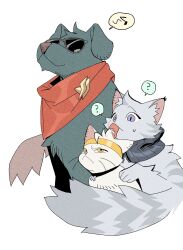  3others ? absurdres animal animal_focus animalization asaba_harumasa cat choker closed_mouth colored_tips dog fluffy_tail green_dog grey_cat half-closed_eye headband highres licking_another&#039;s_hair lighter_(zenless_zone_zero) looking_at_another multicolored_hair multiple_cats multiple_others musical_note neck_warmer no_humans pd_honey red_scarf scarf seth_lowell simple_background spoken_musical_note spoken_question_mark sunglasses sweatdrop tongue tongue_out violet_eyes white_background white_cat yellow_eyes yellow_headband zenless_zone_zero zipper 