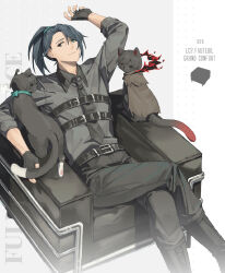  1boy animal animalization aqua_eyes arm_up armchair belt black_belt black_boots black_cat black_eyes black_gloves black_hair black_necktie black_pants boots buckle cat chair chest_harness closed_mouth collared_shirt crossed_legs e.g.o_(project_moon) fell_bullet_(e.g.o) fingerless_gloves fire full-stop_office_(identity)_(project_moon) gloves grey_shirt hair_between_eyes hair_tie halftone halftone_background harness heterochromia highres hong_lu_(project_moon) limbus_company long_hair long_sleeves male_focus necktie pants ponytail project_moon pudding_1106 shirt sitting smile strap yi_sang_(project_moon) 